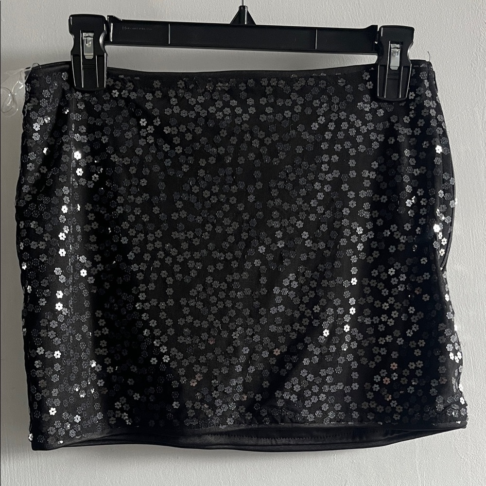 Black Sequin Floral Mini Skirt